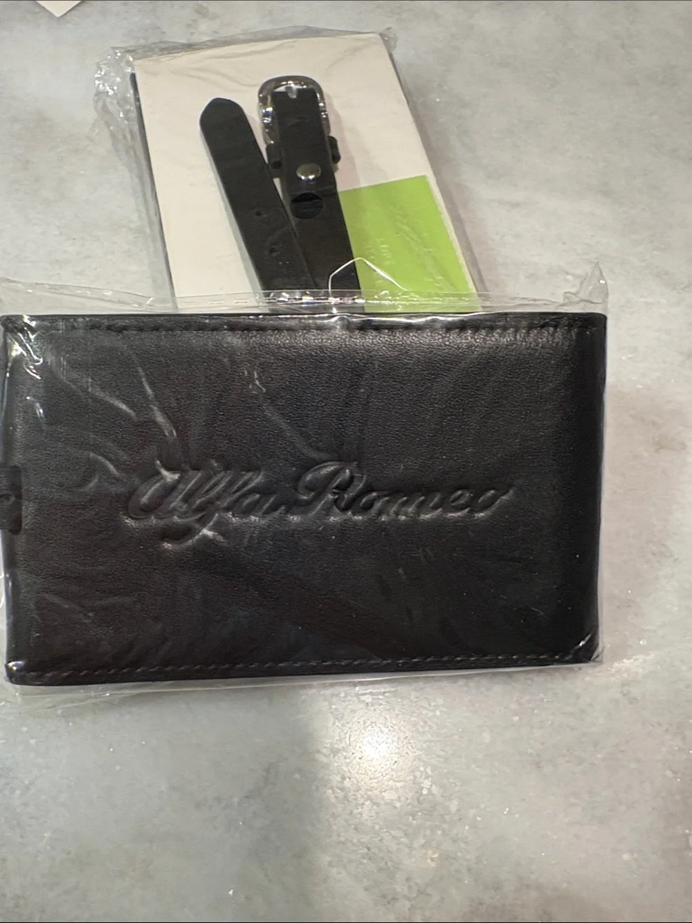 New Italian Alfa Romeo Black Leather Luggage Tag Travel Silver Hardware